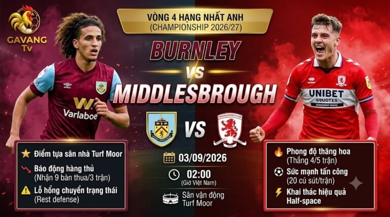 Nhận định trận đấu Burnley vs Middlesbrough vòng 4 Championship 2026/27. Cuộc đối đầu hấp dẫn giữa tiền vệ Hannibal Mejbri (Burnley) và tiền đạo phong độ cao Will Lankshear (Middlesbrough) tại sân Turf Moor.